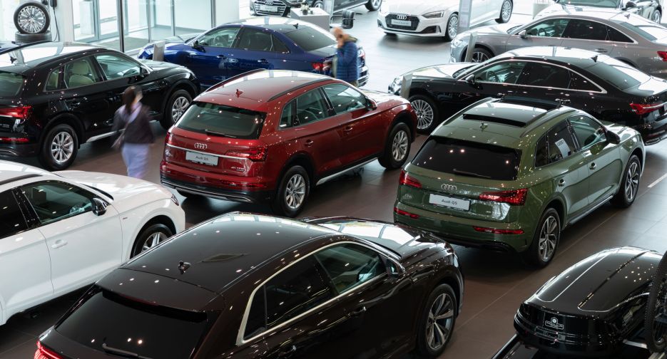 Minsk, Belarus - Dec 20, 2021: car dealership with a wide range of premium Audi cars.